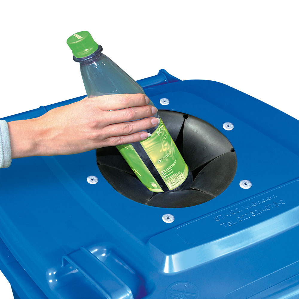 Verschließbarer Müllbehälter mit Flascheneinwurf und Gummirosette, 120 Liter, blau