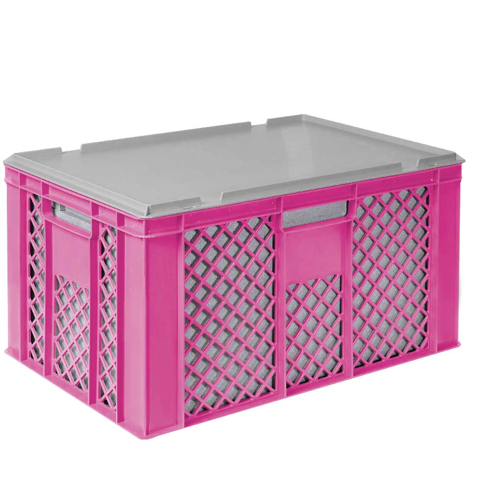 2x EPS-Thermobox im Stapelkorb mit Deckel, LxBxH 600x400x320 mm, pinker Korb, grauer Deckel 
