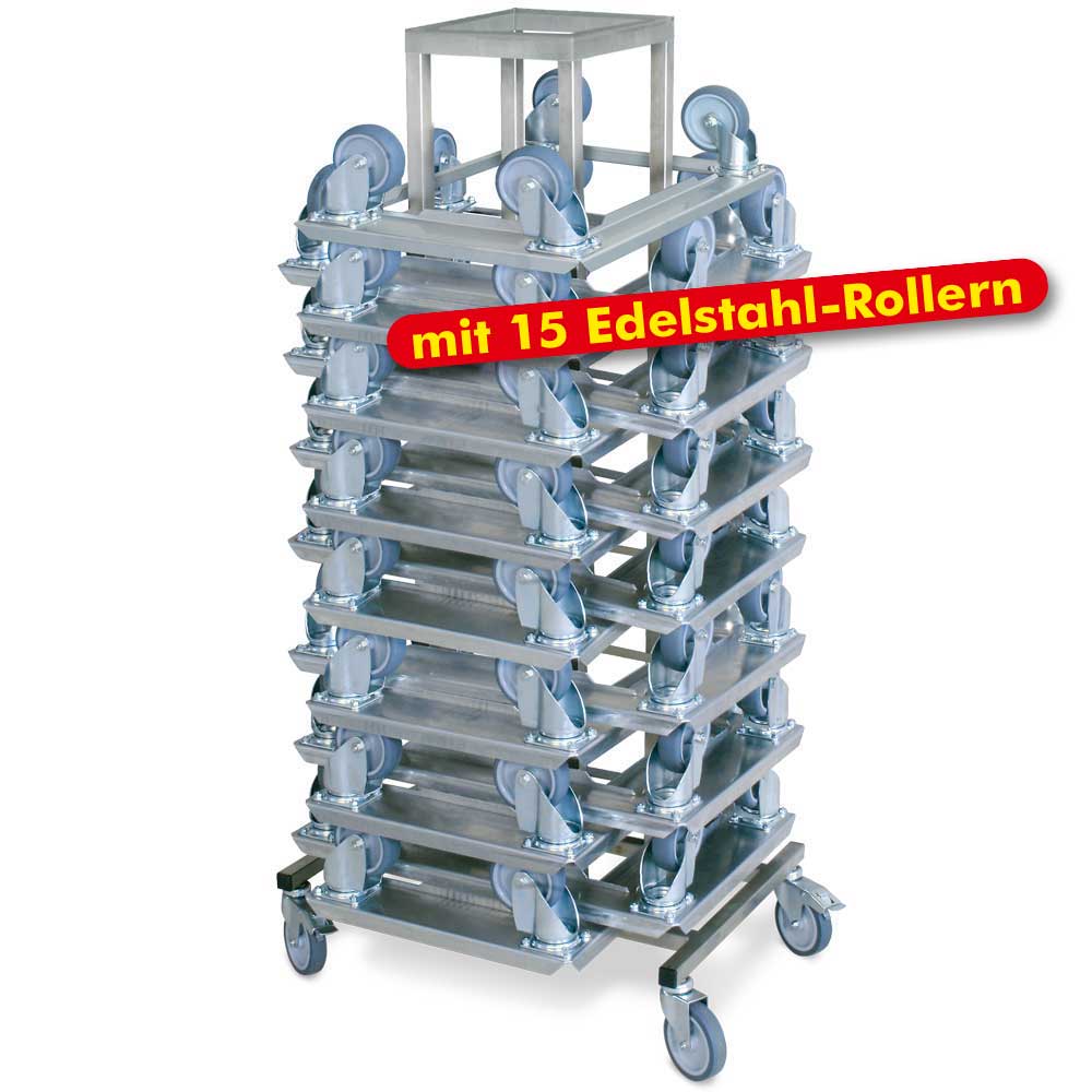 Rollerboy mit 15 Edelstahl-Transportrollern, Edelstahl, mit 4 Lenkrollen, Gummiräder, Tragkraft 250 kg