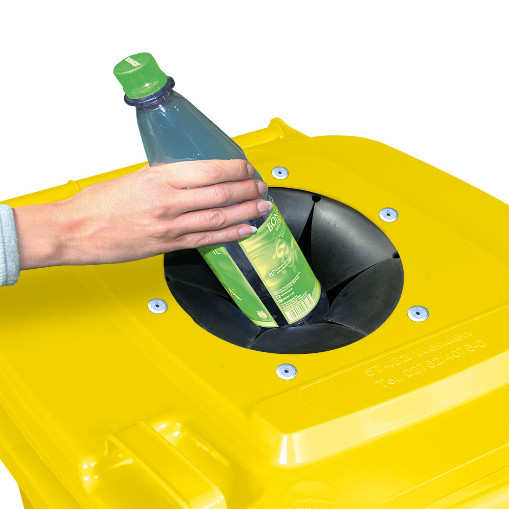 Verschließbarer Müllbehälter mit Flascheneinwurf und Gummirosette, 120 Liter, gelb