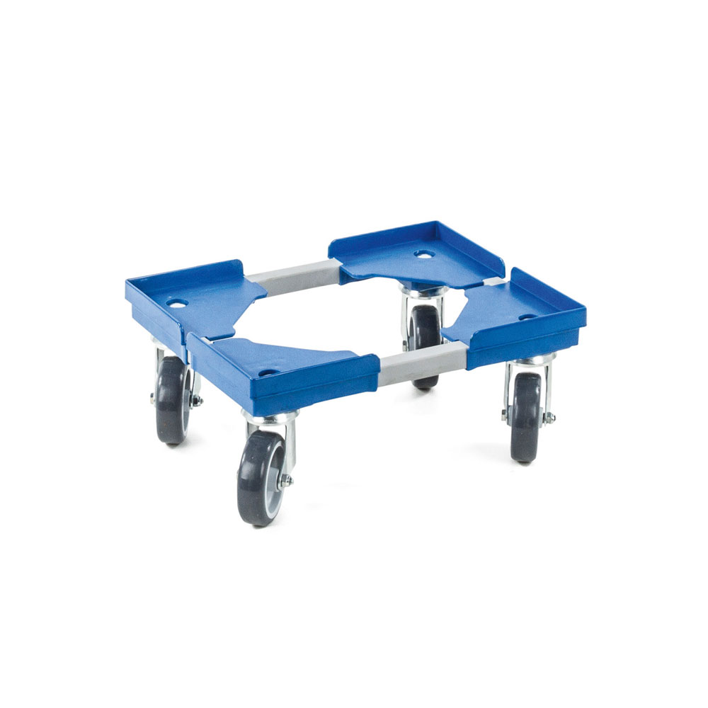 Transportroller "VARIO" für Euro-Stapelbehälter 400x300 mm, grau-blau, 4 Lenkrollen, graue Gummiräder
