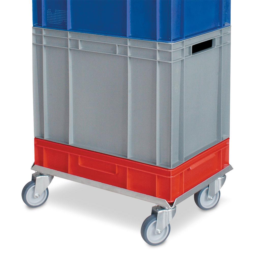 Edelstahl-Transportroller für 600x400 mm Behälter, graue Gummiräder, verzinkte Lenkrollen, Deck geschlossen, Tragkraft 250 kg
